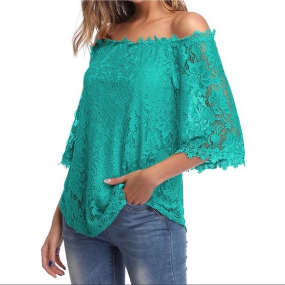 Miholl Tops - NEW! Lace Design Top Off The Shoulder Lined Casual Loose Fit Teal Green Size XL